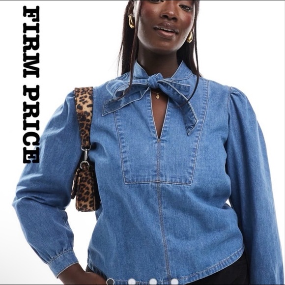 Stylish Denim Bow Neck Shirt - Picture 1 of 5